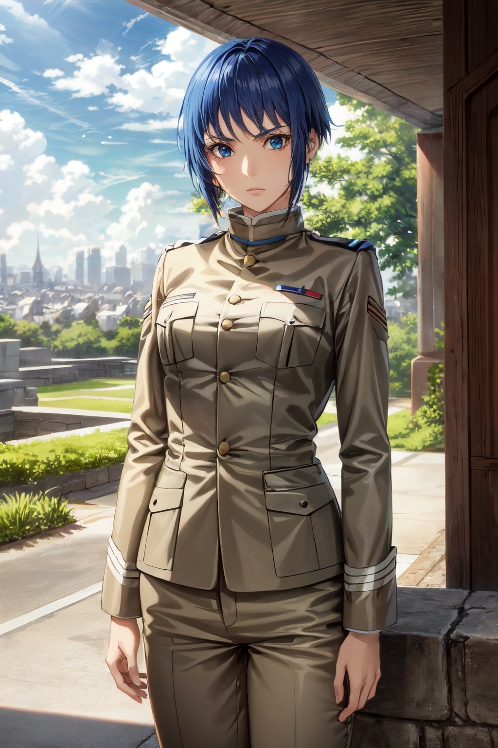 1girl, (masterpiece:1.3), (high resolution), (8K), (extremely detailed), (4k), (pixiv), perfect face, nice eyes and face, (best quality), (super detailed), detailed face and eyes, (solo), (textured skin:1.3), standing, looking at viewer, outdoors, nature, ruins, <lora:motoko_kusanagi_arise-08:0.7>, motokoarise, blue eyes, blue hair, short hair, motokoarise, blue eyes, blue hair, short hair,uniform, military uniform, pocket <lora:add_detail:0.8>, <lyco:GoodHands-beta2:1.0>