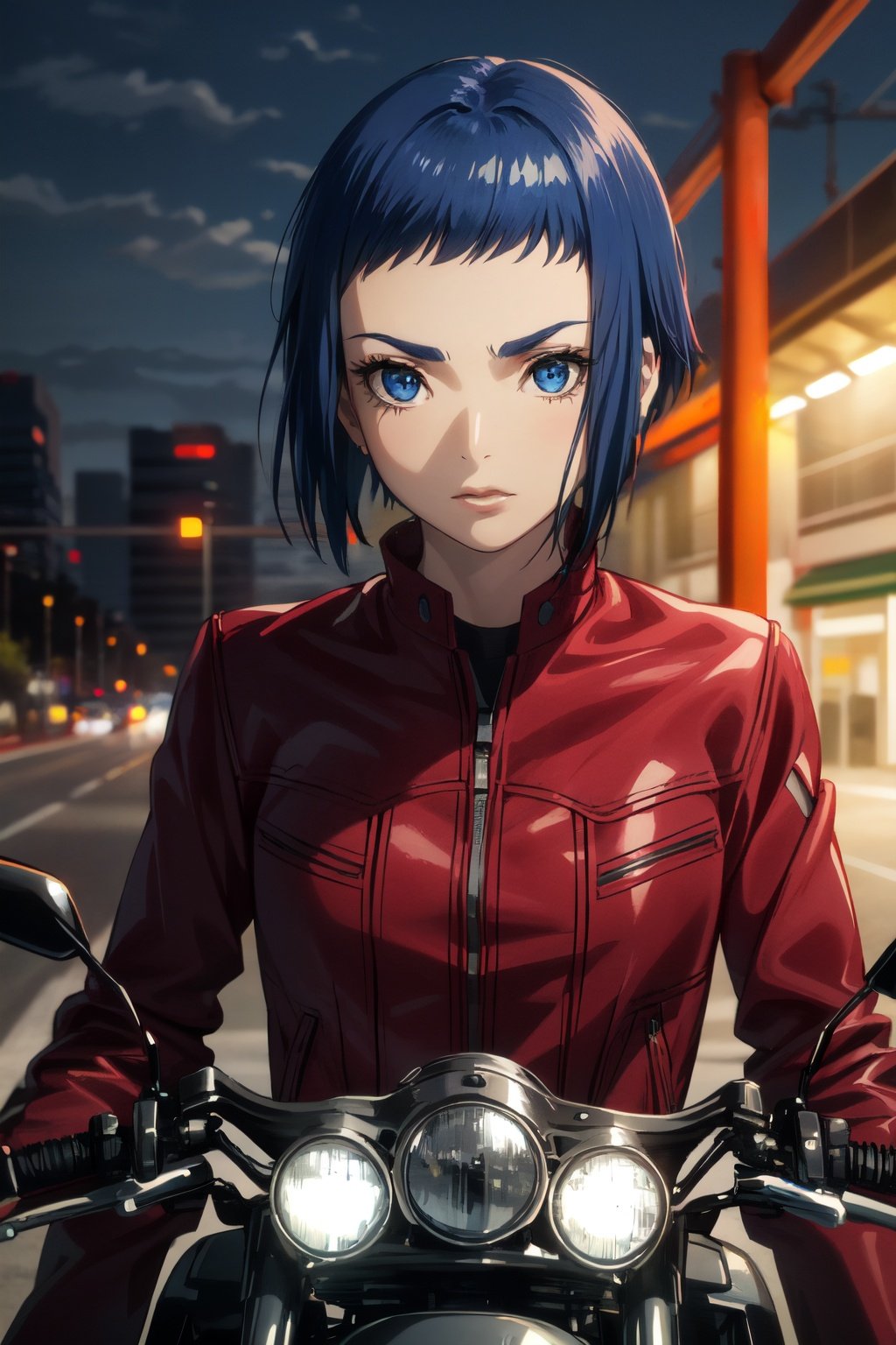 1girl, (masterpiece:1.3), (high resolution), (8K), (extremely detailed), (4k), (pixiv), perfect face, nice eyes and face, (best quality), (super detailed), detailed face and eyes, (solo), (textured skin:1.3), standing, looking at viewer, motorcycle, highway, <lora:motoko_kusanagi_arise-08:0.7>, motokoarise, blue eyes, blue hair, short hair, red jacket, red pants, <lora:more_details:0.7>, <lyco:GoodHands-beta2:1.0>