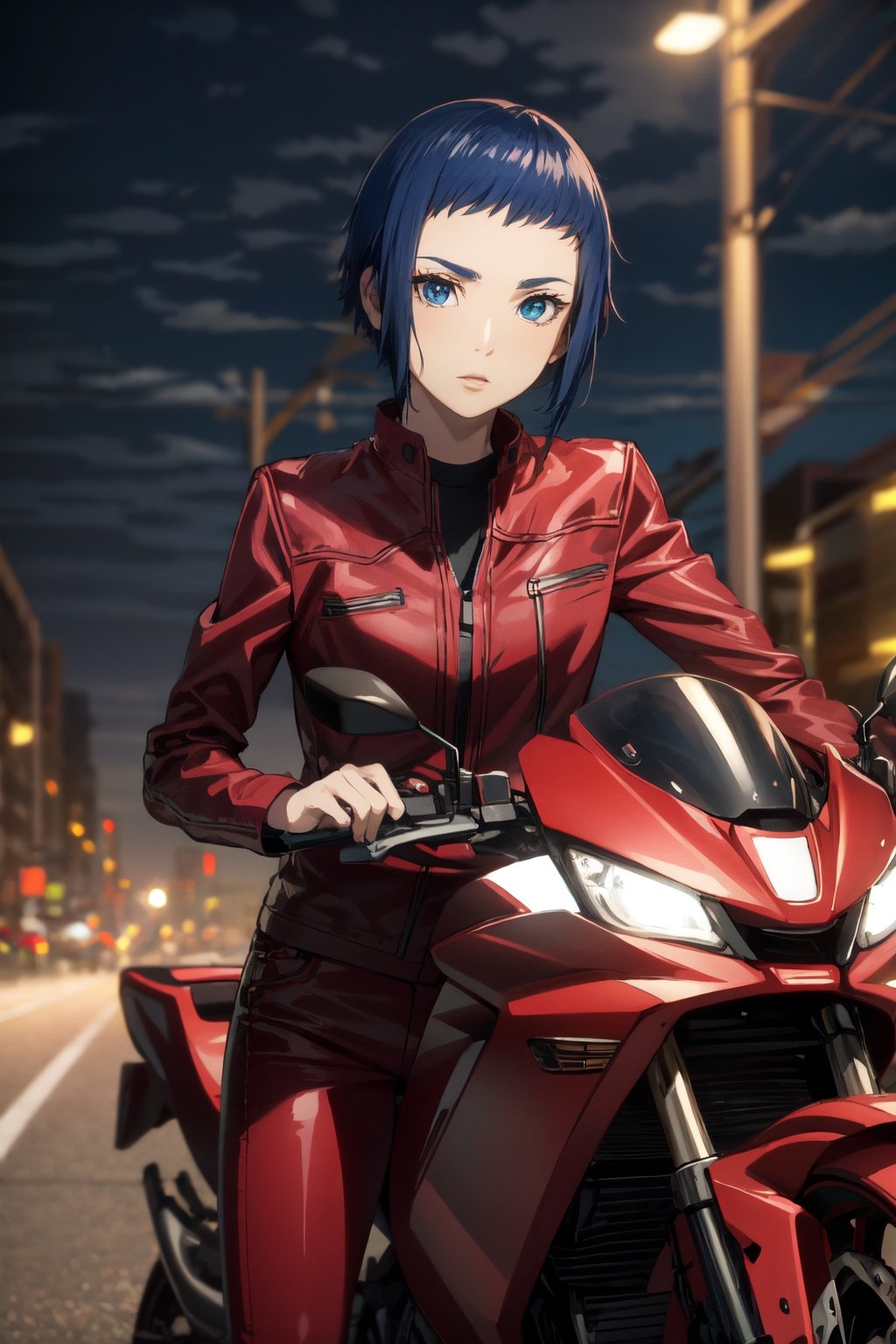 1girl, (masterpiece:1.3), (high resolution), (8K), (extremely detailed), (4k), (pixiv), perfect face, nice eyes and face, (best quality), (super detailed), detailed face and eyes, (solo), (textured skin:1.3), standing, looking at viewer, motorcycle, helmet, highway,, <lora:motoko_kusanagi_arise-08:0.7>, motokoarise, blue eyes, blue hair, short hair, red jacket, red pants, <lora:more_details:0.7>, <lyco:GoodHands-beta2:1.0>