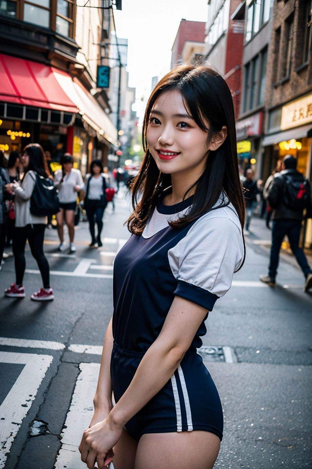 Candid photo of japanese girl, wearing burumashorts, with captivatingeyes, smiling amidst a bustling city, upper bodyframing, in a street photography setting, golden hourlighting:1.3), shot at eye level, on a Fujifilm X-T4with a 50mm lens, in the style of Alfred Stieglitz<lora:burumashorts-v1-12:0.9>