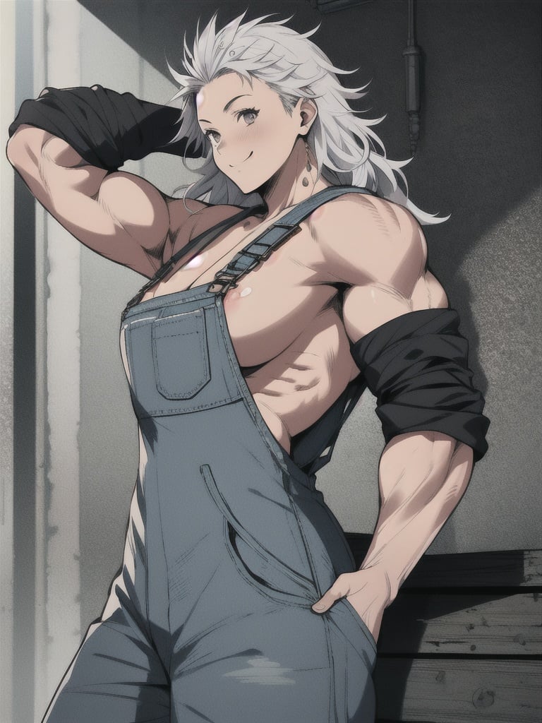 masterpiece, best quality, high definition, photorealistic,noi_(dorohedoro), sole_female,colarbone, masterpiece, 1girl, side_boob, smirk, overalls, long hair, white hair, NSFW, muscles, flex