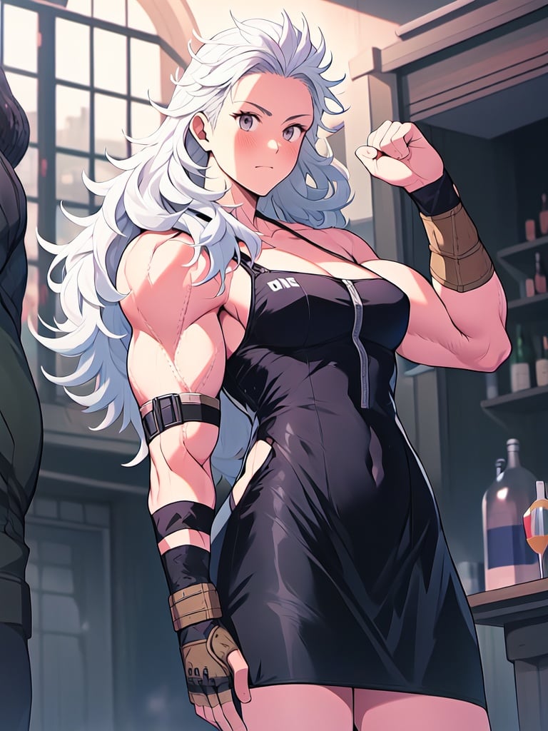 masterpiece, best quality, high definition, photorealistic,noi_(dorohedoro), sole_female,colarbone, masterpiece, 1girl, long hair, white hair, muscles, flex, fighting_stance,tight black cocktail dress