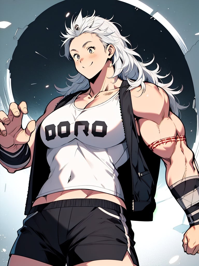 masterpiece, best quality, high definition, photorealistic,noi_(dorohedoro), sole_female,colarbone, masterpiece, 1girl, long hair, white hair, muscles, flex, fighting_stance,tight black shorts,white tight shirt, smile, round face, defined muscles, well drawn hands, large body-type 