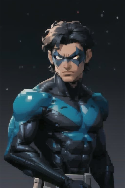 Nightwing, mask, black hair, muscular, simple background, 18-bits, PixelArt, upper body