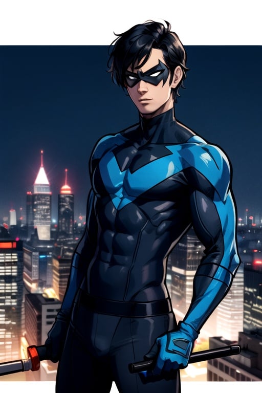 Nightwing, mask, black hair,  ultra-detailed art illustration, muscular  , city ​​at night, nightwing, 