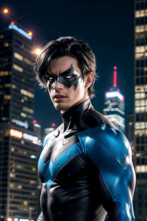 Nightwing, mask, black hair,  ultra-detailed art illustration, muscular  , city ​​at night, upper body, nightwing