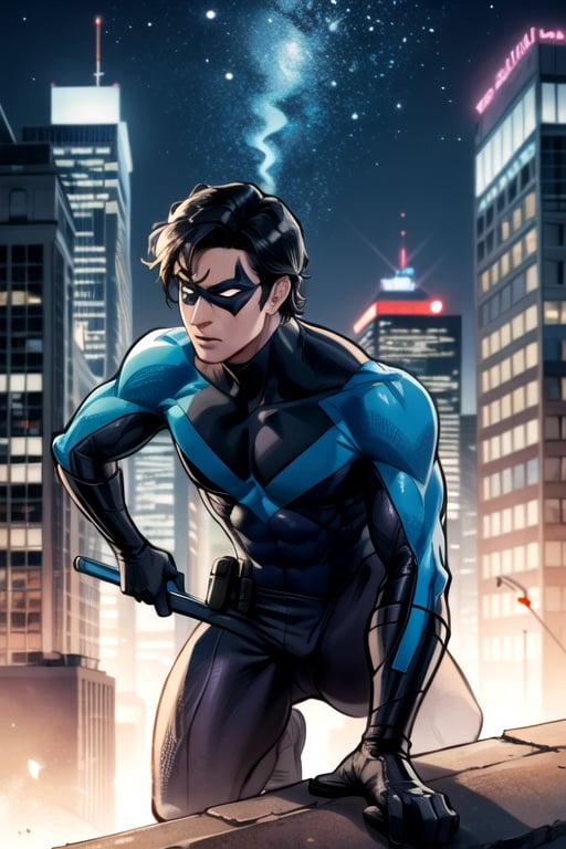 Nightwing, mask, black hair,  ultra-detailed art illustration, muscular  , city ​​at night, nightwing, 