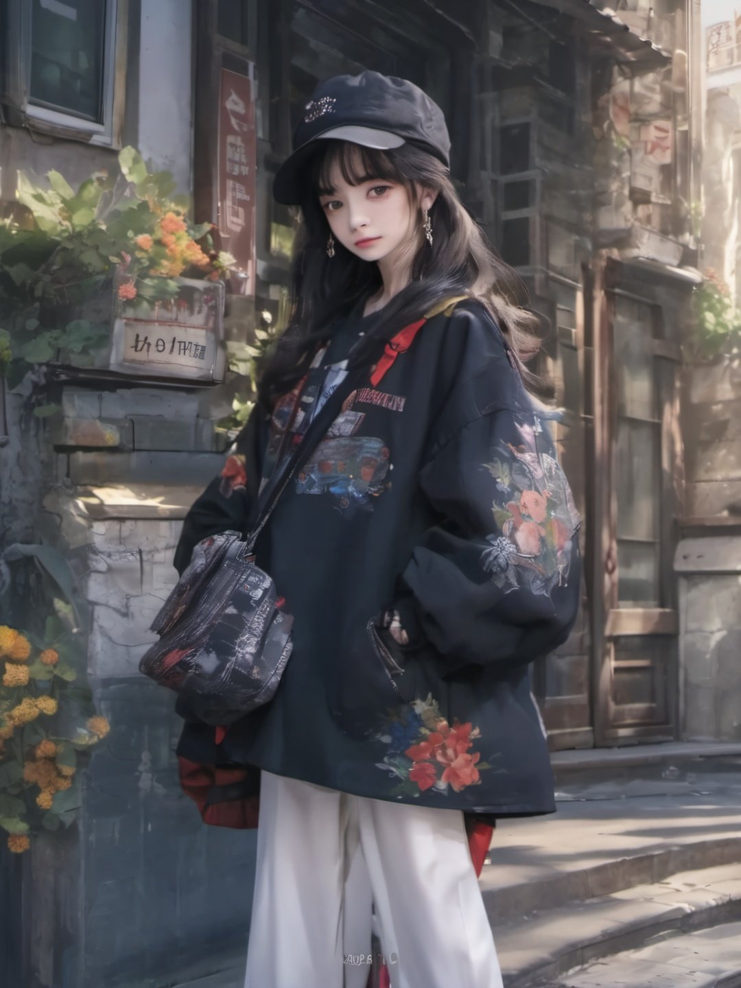 1girl, bag, black_hair, building, denim, earrings, expressionless, floral_print, hat, jacket, jewelry, long_sleeves, looking_at_viewer, looking_to_the_side, necklace, outdoors, pants, short_hair, solo, standing, sun_hat, white_footwear, white_headwear,Fashion wear