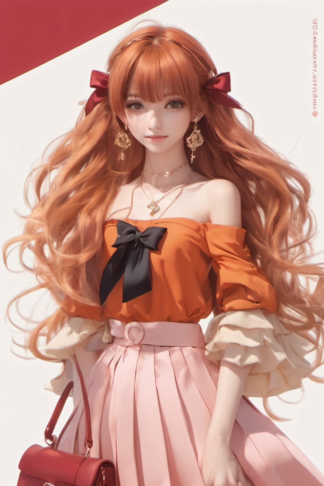 1girl, artist_name, bag, bangs, bare_shoulders, blush, bow, breasts, brown_eyes,  closed_mouth, collarbone, cross, cross_earrings, cross_necklace, dress, earrings, eyebrows_visible_through_hair, gradient, gradient_background, handbag, hoop_earrings, jewelry, long_hair, long_sleeves, looking_at_viewer, medium_breasts, messy_hair, necklace, off_shoulder, orange_hair, parted_bangs, pearl_necklace, red_shirt, shirt, shoulder_bag, skirt, smile, solo, upper_body, very_long_hair, wavy_hair,anime style,Fashion wear