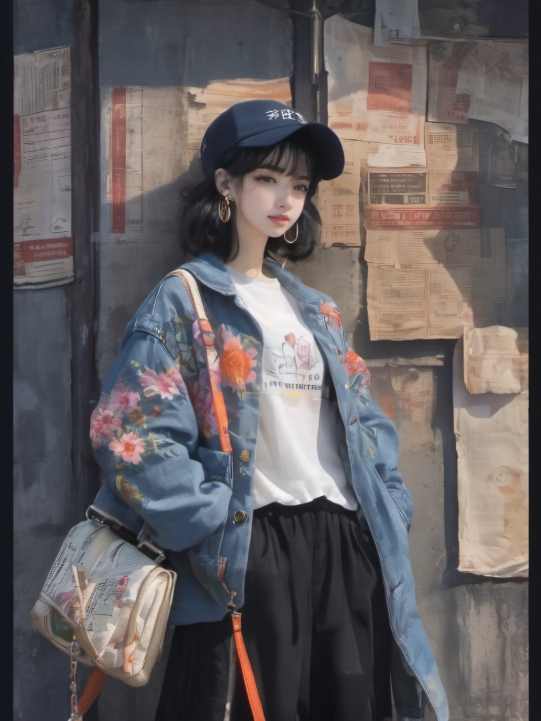 1girl, bag, black_hair, building, denim, earrings, expressionless, floral_print, hat, jacket, jewelry, long_sleeves, looking_at_viewer, looking_to_the_side, necklace, outdoors, pants, short_hair, solo, standing, sun_hat, white_footwear, white_headwear,Fashion wear