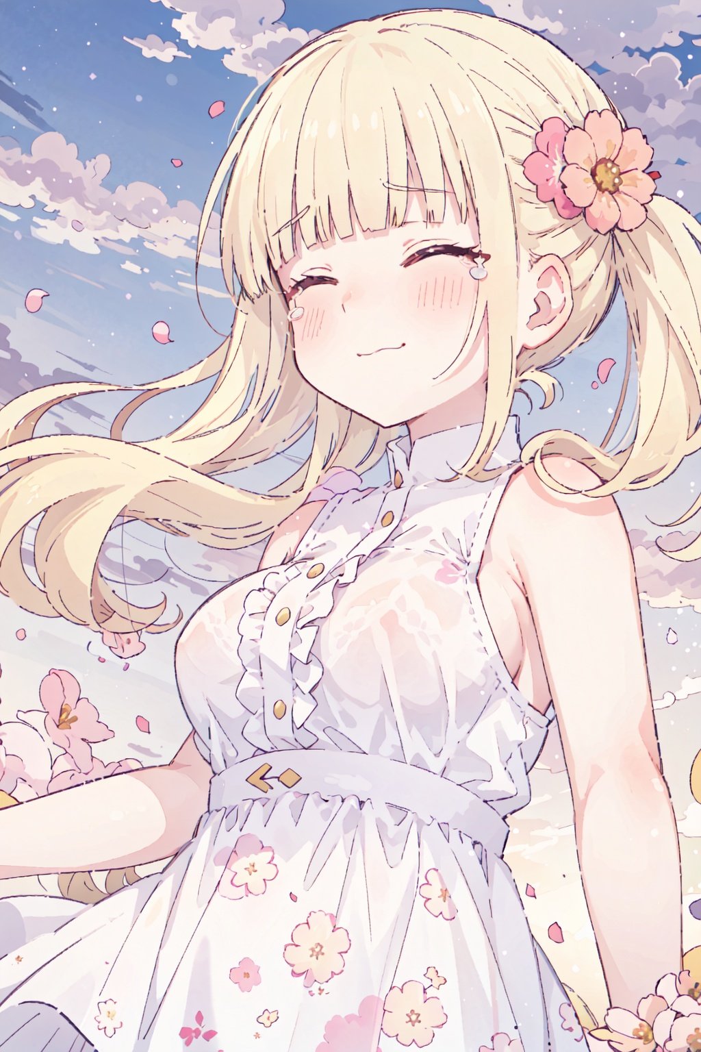 blonde hair, long hair,large breasts,
side ponytail,Floral hair accessories,loli,standing,blush,solo
,blunt bangs,sky,cloud hair,cloud,smile,tears,sunset,dusk,eyes closed,closed eyes,flower field,long_hair,bare_arms,floating water drop,flying petals,