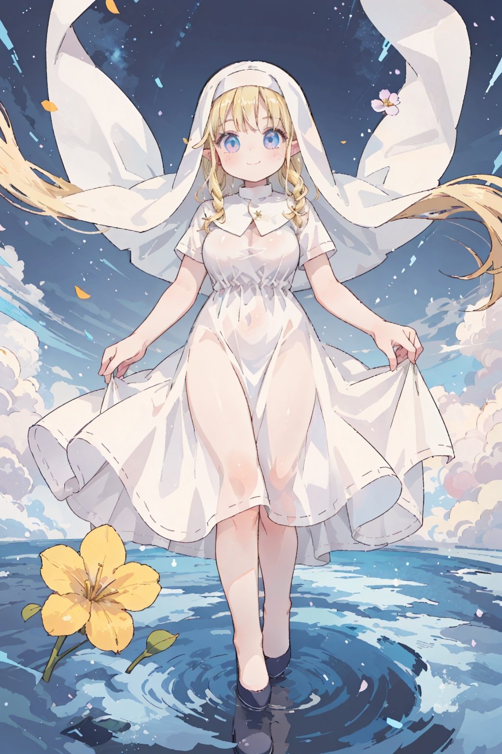 1girl,full_body,smile,blonde hair, long hair, blue eyes,long hair,large breasts,hair flower,loli,elf,nun,standing,long dress,pumps,floating dress