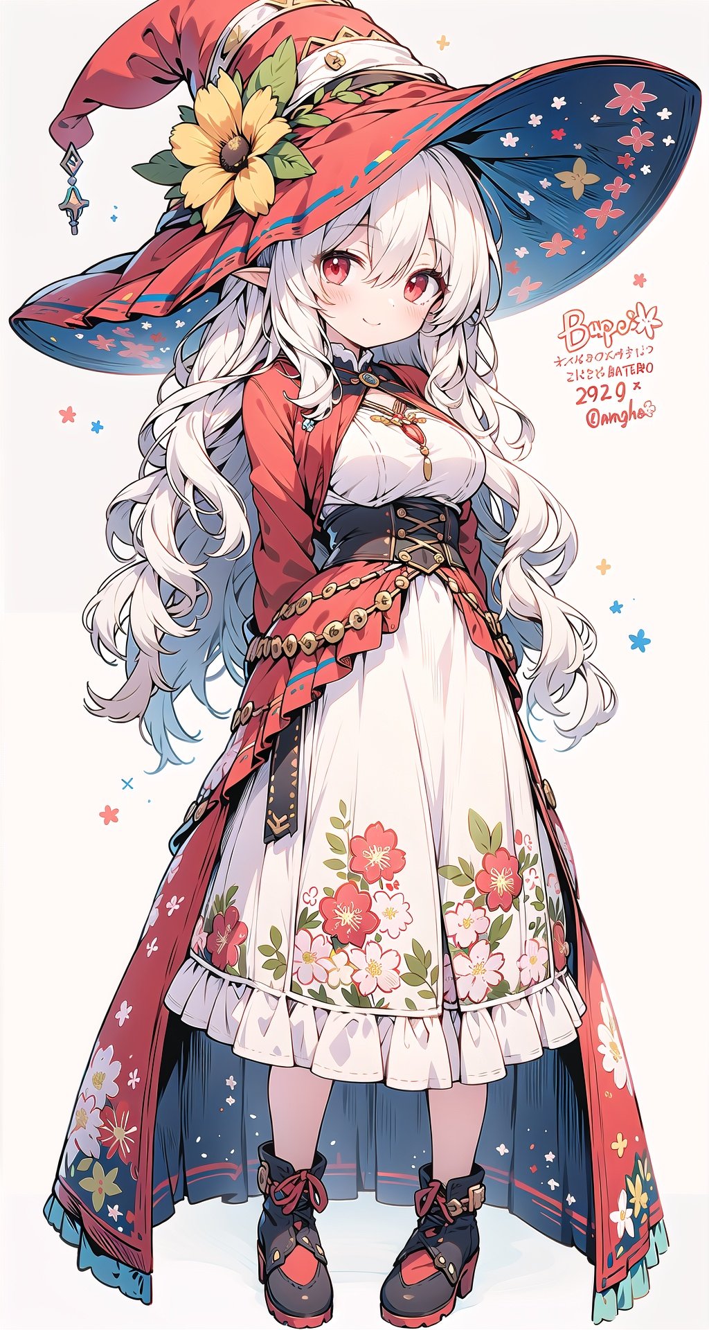 (masterpiece:1.2),(arms behind back:1.2),best quality,game cg,1girl,solo,long hair,white hair,hair ornament,dress,full body,looking at viewer,simple background,red eyes,standing,hair flower,white background,white dress,closed mouth,long sleeves,skirt,wavy hair,blush,large breasts,smile,very long hair,hand up,floral print,witch hat,elf,