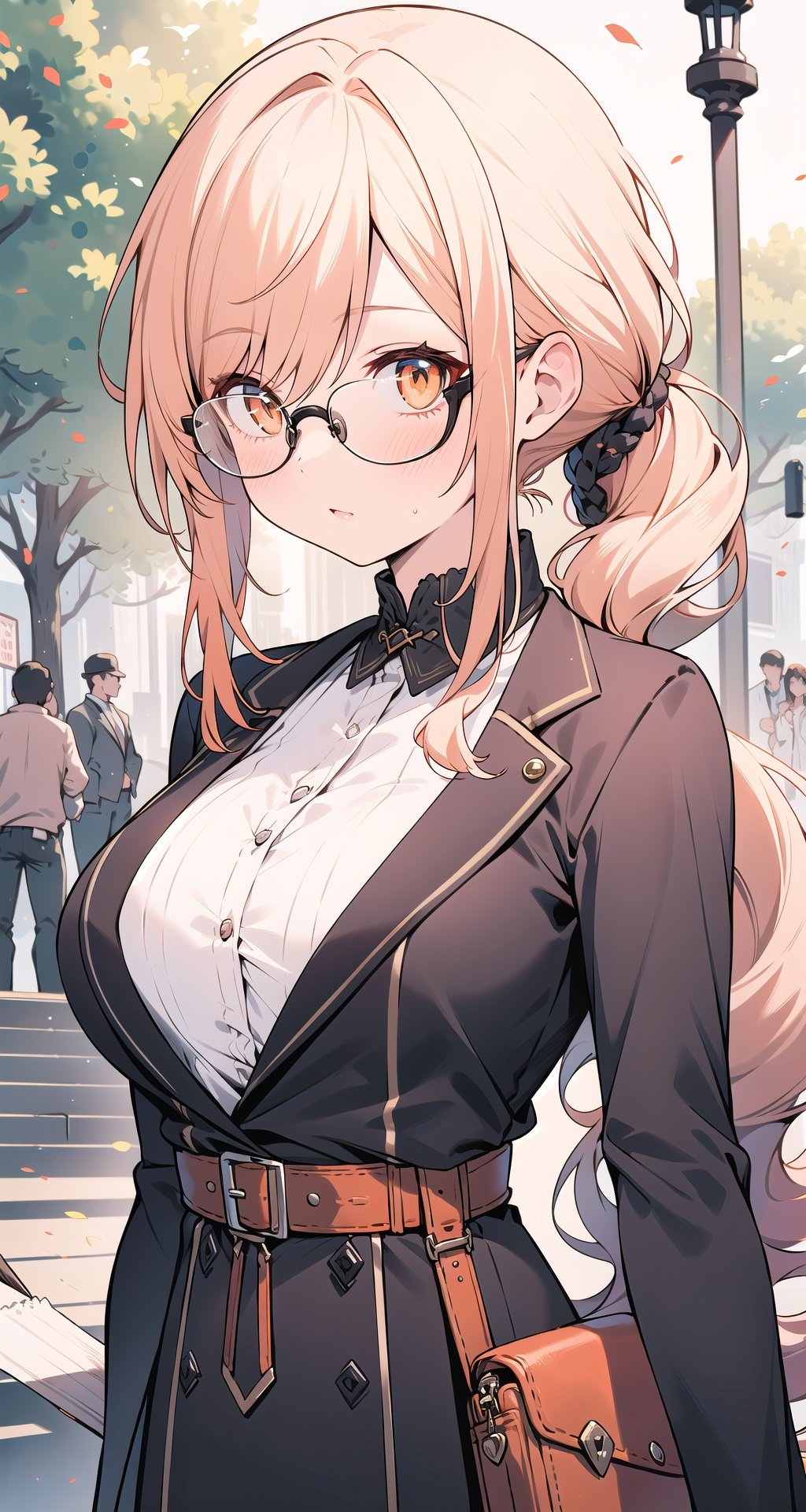 masterpiece,best quality,1girl,long hair,wavy hair,low ponytail,orange hair,large breasts,close-up,outdoors,glasses,alternate costume,