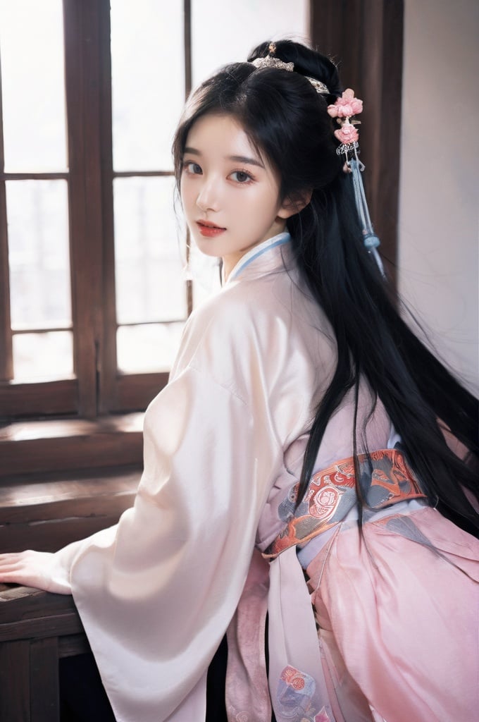 leogirl, cute 1girl, messy long black hair, lip biting, seductive leaning forward, detailed skin, detailed face, realistic, photorealistic, ((full body:1.8)), (studio light:1.2), Artgerm, evil smile, choker, ((hanfu, chinese clothes, long skirt, light pink robe)), shoes, traditional architecture,((hair ornaments)),