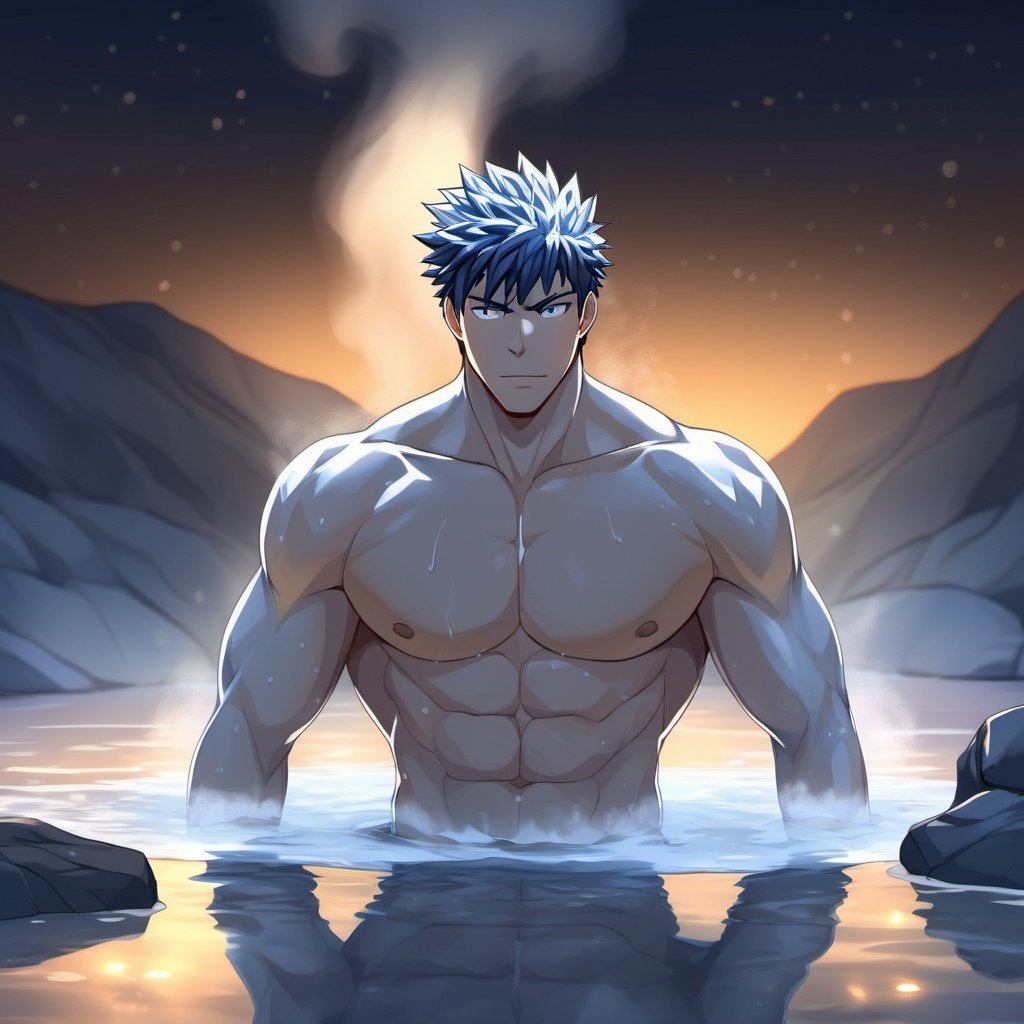 ((masterpiece)),((best quality)),8k,high detailed,ultra-detailed,anime,CG,{{Masterpiece, Best Quality, Extremely Detailed CG, Unity 8k Wallpaper }},
A man soaks in an outdoor hot spring,
at night outdoors ,(steaming hot spring),Delicately depicted water waves
1man,Handsome,Blushing face,(Straight hair:1.4),(Coarse hair:1.5),(short hair:1.5),(Shirtless:1.5),(cool face:1.4),(Muscular:2),(wet body:1.4),(Comic book style facial features:1.5),(Colorless lips:1.6),(Linear mouth:1.5)
 (((Transparent:1.4) white shorts)),bulge,
Top light,(deep shade:1.4),moonlight, 
(on back:1.5), (Open thighs:1.7),(Lying in the hot springs:1.5)
coll,shy,sexy,
(Shoot at a high angle:1.5),homo