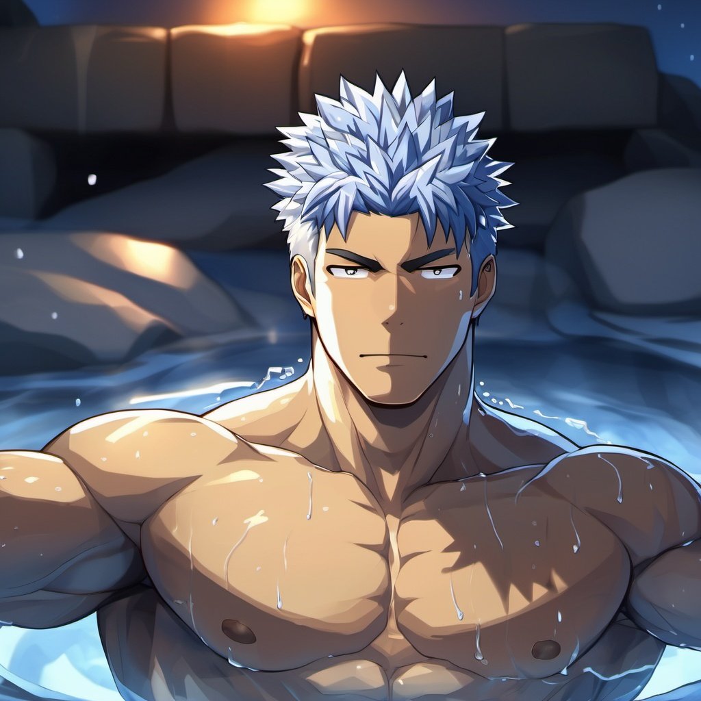 ((masterpiece)),((best quality)),8k,high detailed,ultra-detailed,anime,CG,{{Masterpiece, Best Quality, Extremely Detailed CG, Unity 8k Wallpaper }},
A man soaks in an outdoor hot spring,
at night outdoors ,(steaming hot spring),Delicately depicted water waves
1man,Handsome,Blushing face,(Straight hair:1.4),(Coarse hair:1.5),(short hair:1.5),(Shirtless:1.5),(cool face:1.4),(Muscular:2),(wet body:1.4),(Comic book style facial features:1.5),(Colorless lips:1.6),(Linear mouth:1.5)
 (((Transparent:1.4) white shorts)),bulge,
Top light,(deep shade:1.4),moonlight, 
(on back:1.5), (Open thighs:1.7),(Lying in the hot springs:1.5)
coll,shy,sexy,
(Shoot at a high angle:1.5),homo