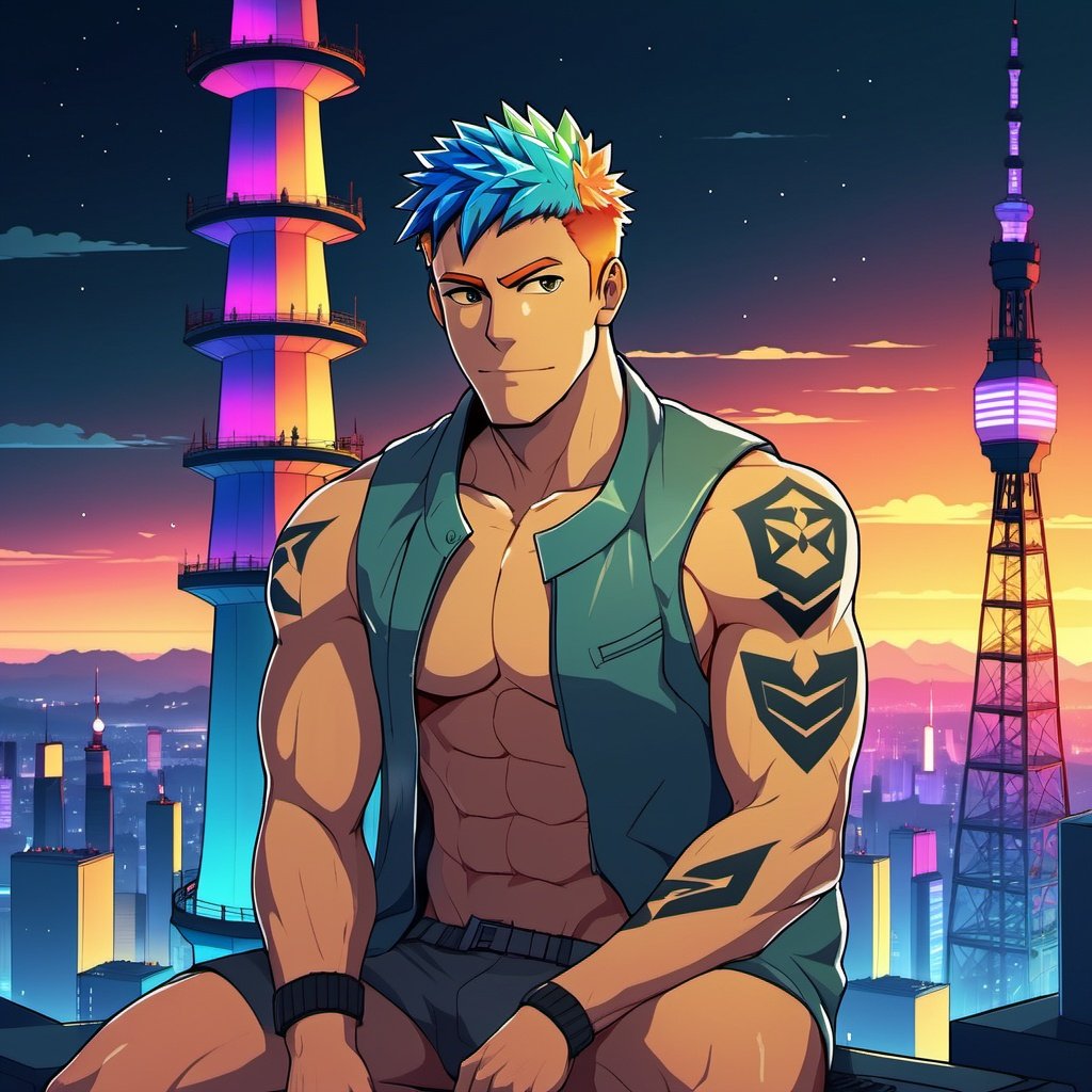 A handsome man with short hair squatting on the top of the TV tower at night, colored hair, polygonal pupils, cyberpunk world, looking down on the boy and the TV tower from above, the boy throws winks at the camera, the boy is naked and has "love" tattooed in the middle of his chest muscles,