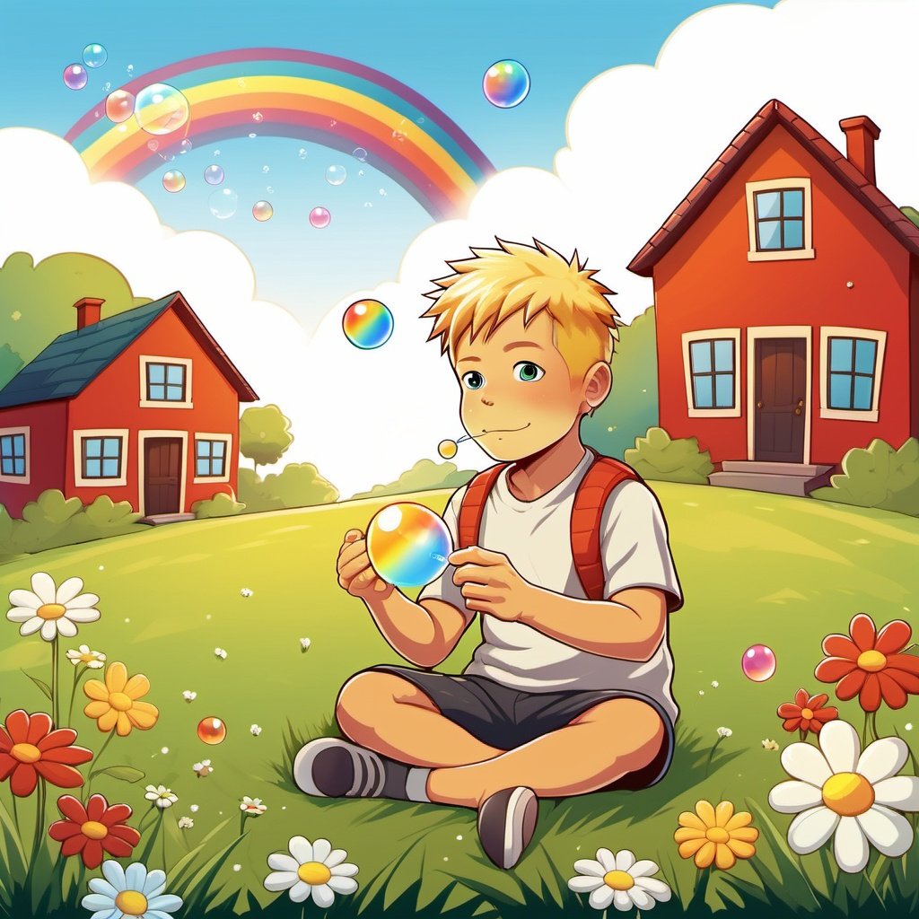 A cute little blonde boy blowing bubbles on the grass, bubbles floating in the air, a beautiful rainbow in the distance, a beautiful red house in the background,