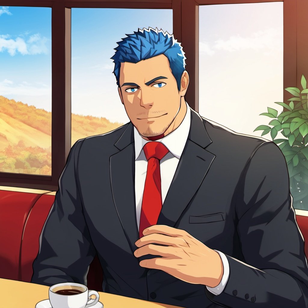 A handsome mature and strong man with black hair and blue eyes, wearing a black suit and a red tie, sitting in a café, looking at the scenery outside the window, the sun shining on his face, a close-up of the side face, hands on his chin, cold face,,homo,