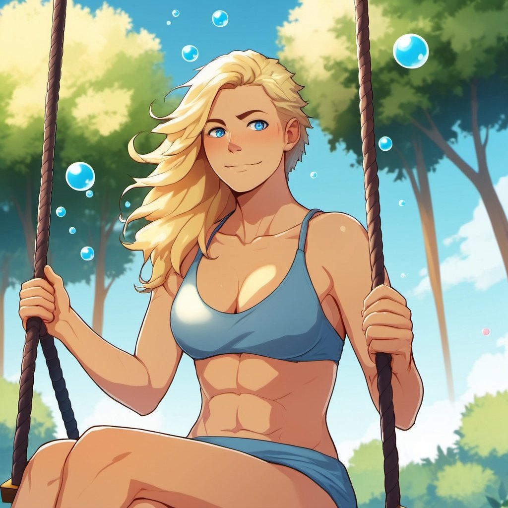 A beautiful blonde girl with blue eyes sitting on a swing looking back at the camera, hot summer day, beautiful bubbles floating in the air,homo,