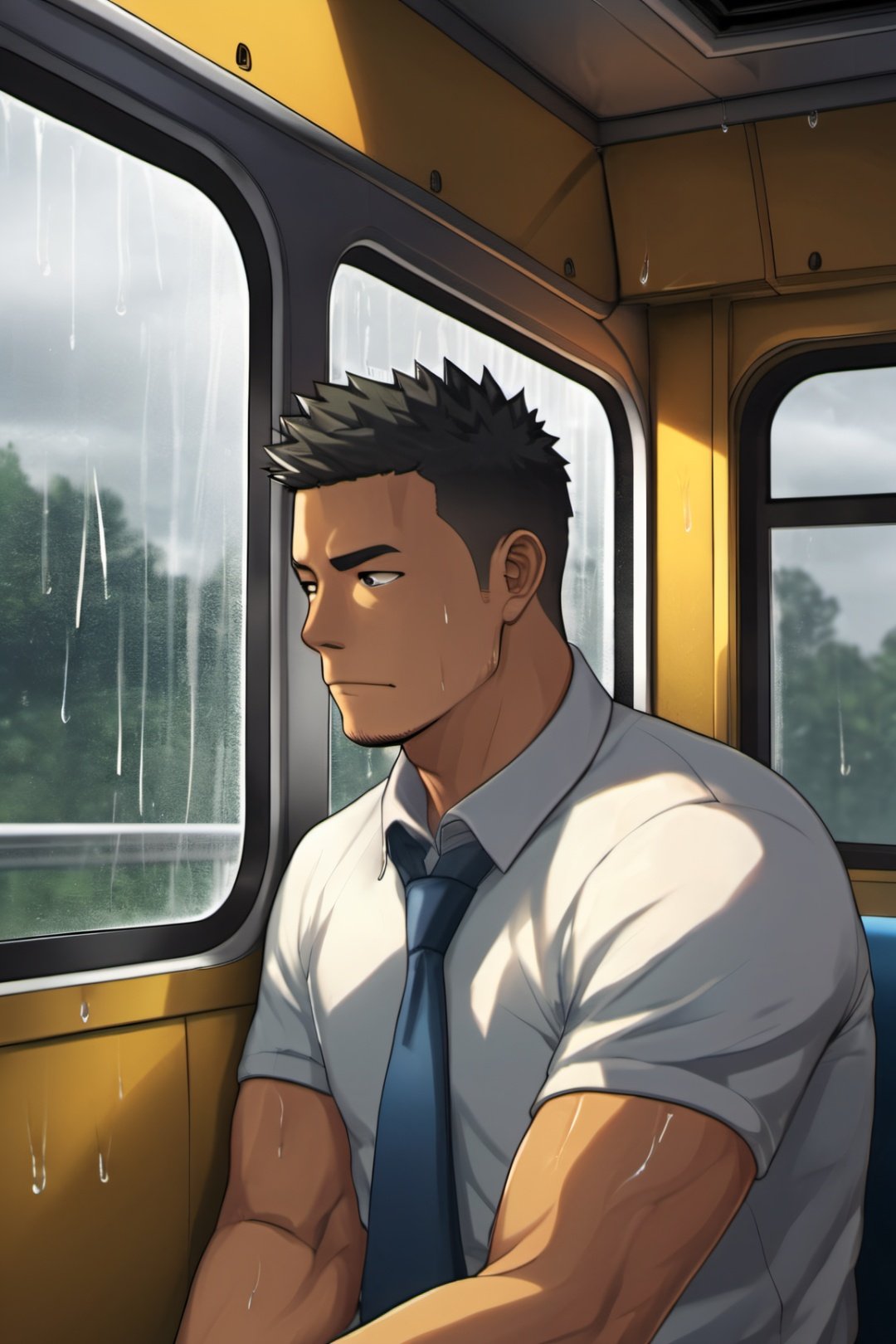 A handsome and captivating man sits in the corner of the last bus, leaning his head against the window silently shedding tears. It's raining outside the bus.