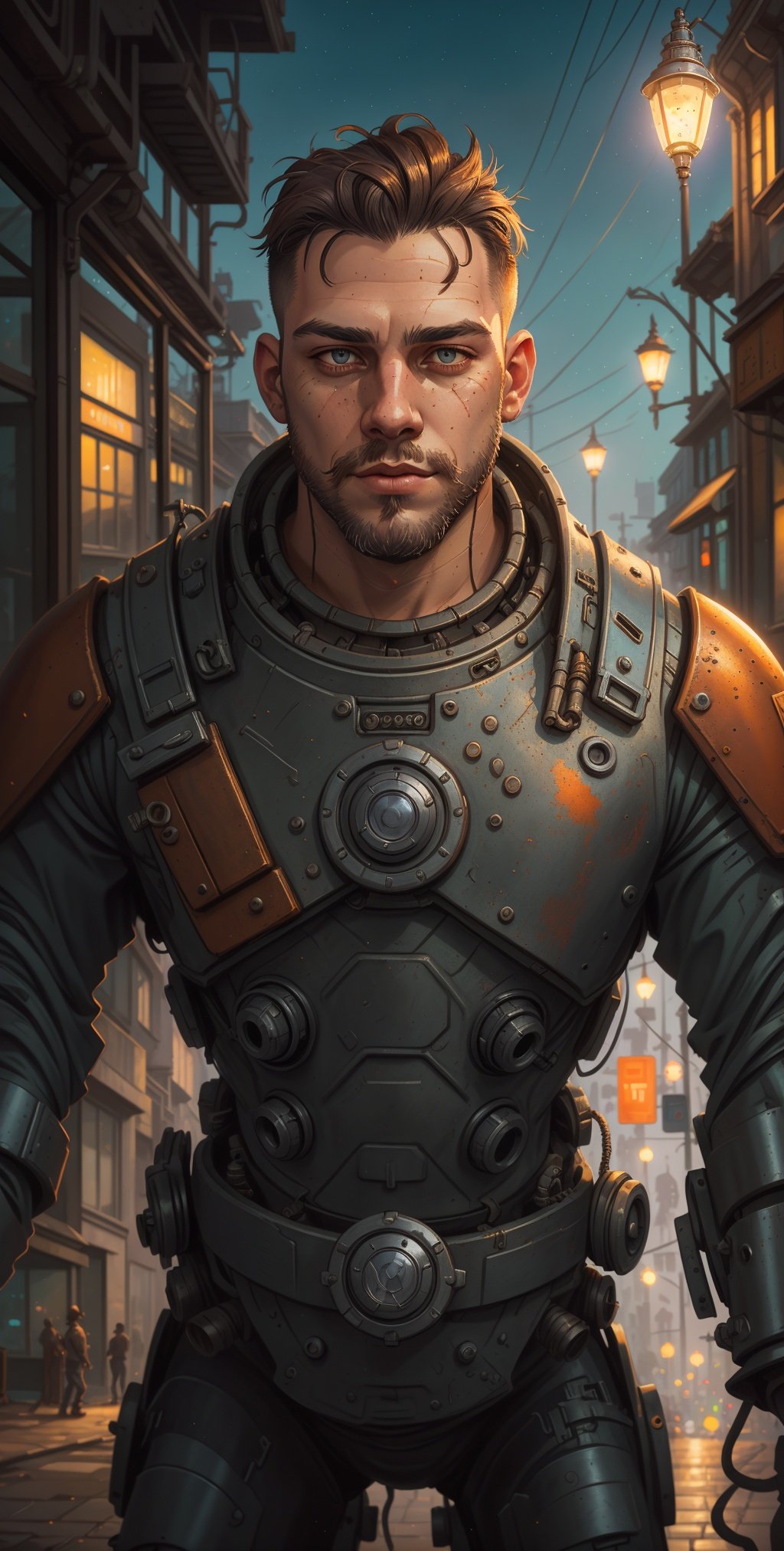 close up Portrait photo of muscular bearded guy in a worn mech suit, ((light bokeh)), intricate, (steel metal [rust]), elegant, sharp focus, photo by greg rutkowski, soft lighting, vibrant colors, masterpiece, ((streets)), detailed face