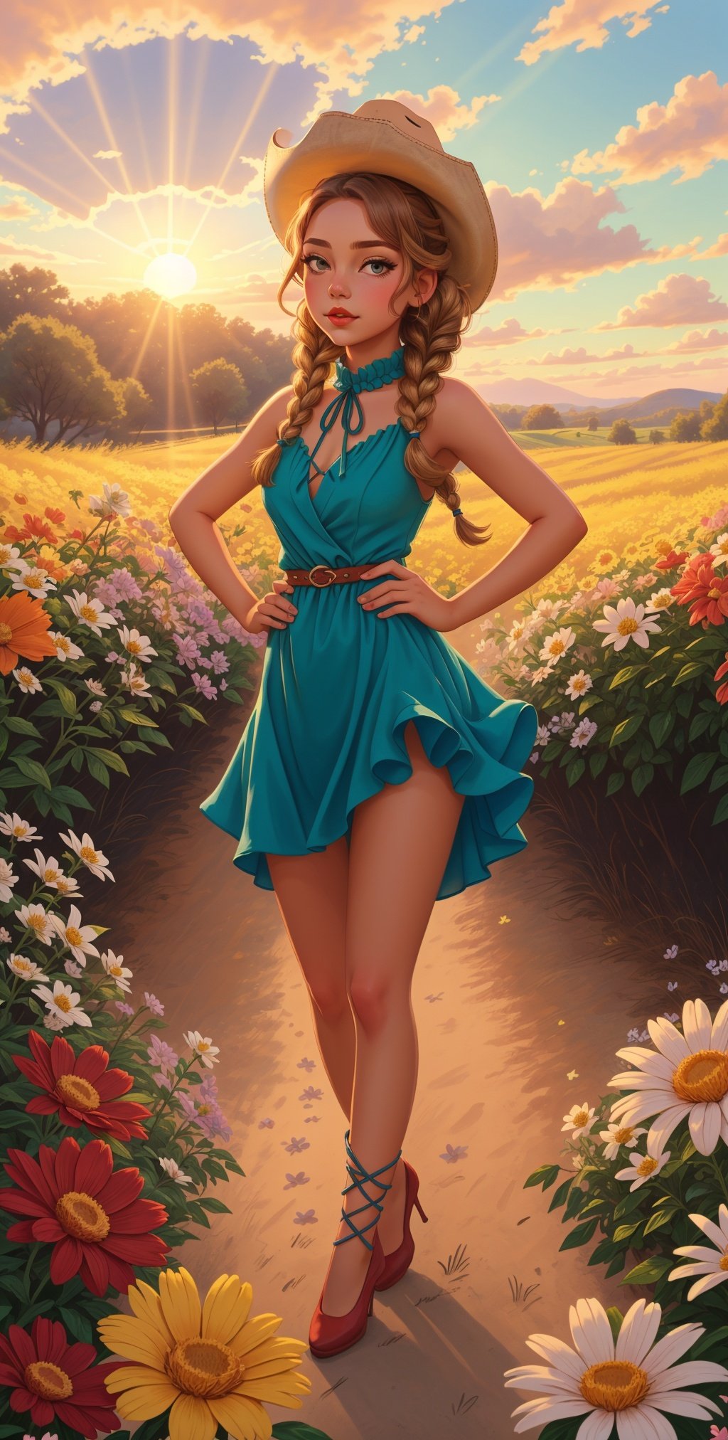 masterpiece, best quality, 1girl, cowboy shot of beautiful red girl, hands on hips, blue eyes, blue dress with white ornate frills, braid, kokoshnik headwear, summer, flowers field, sunset, sunrays