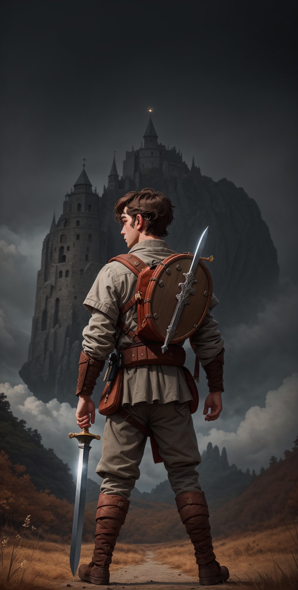 masterpiece, best quality, Grey-eyed European boy with brown hair, he has a sword in his back in his quiver, RAW photo, full sharp, (FullHD epic wallpaper) 8k uhd, dslr, soft lighting, high quality, film grain, Fujifilm XT3