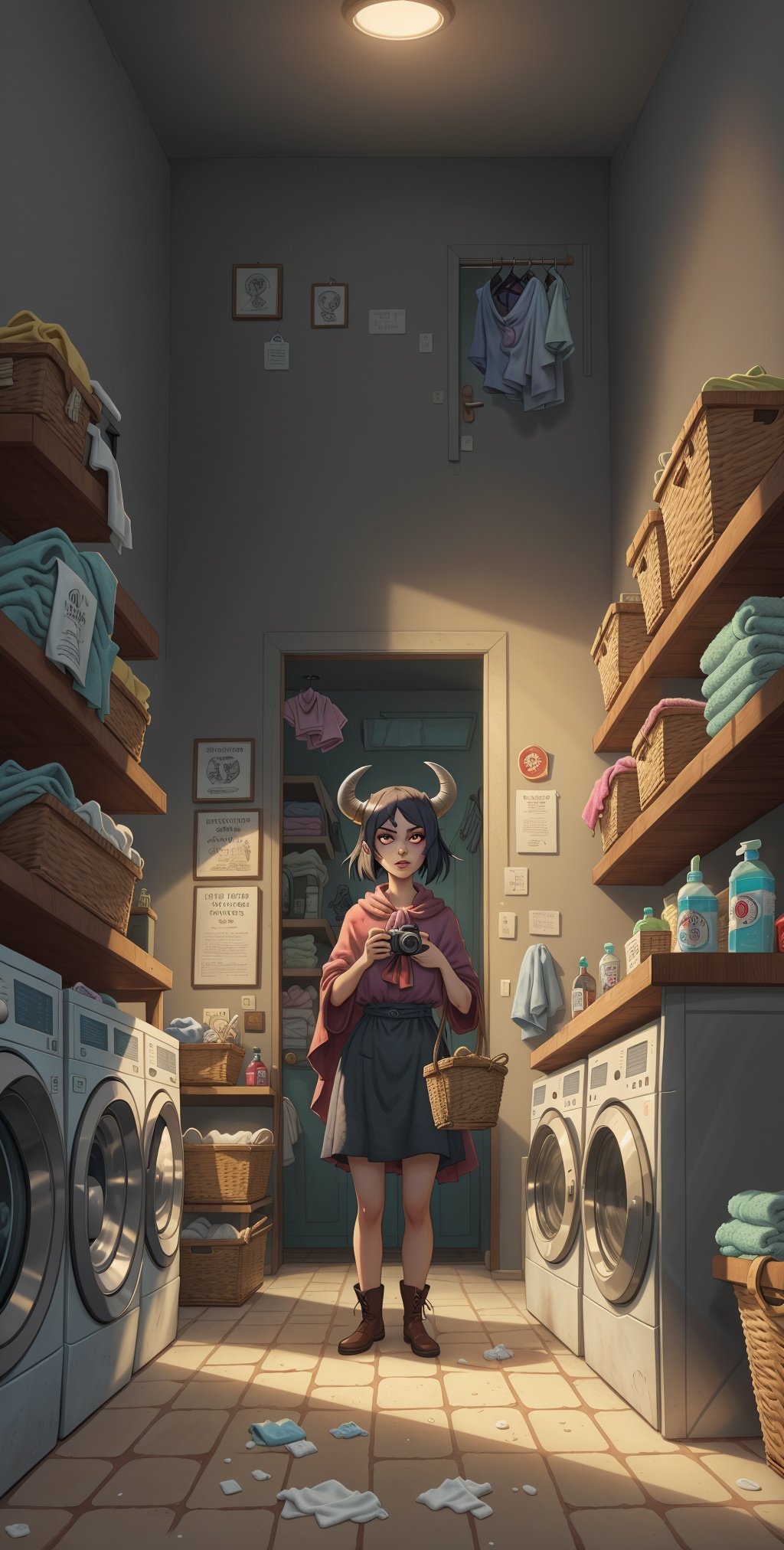 horrorart, (provoking composition:1.3), uhd, 8k, digital, a professional photo of (demon stands obscured Behind the counter:1.3)( looking at the camera:1.2) in a small cozy room with several working washing machines, surrounded by detergents, fabric softeners, and other laundry supplies. The room is cramped, with clothes baskets and hampers piled up against the walls, and the scent of detergent is heavy in the air. The dim lighting and the Yokai's presence add an eerie atmosphere, making one feel as if they've stumbled upon a secret laundry world hidden from ordinary people.