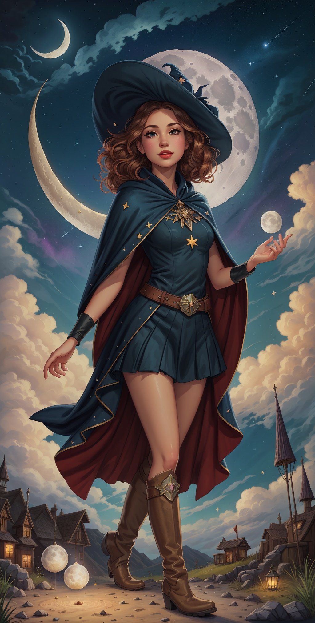 masterpiece, best quality, Close-up, 1girl, solo, fantasy, night sky, outdoors, magic, spells, moon, stars, clouds, wind, hair, cape, hat, boots, witches, (face visible:0.6), puffy eyes, gorgeous hair, beautiful face, aesthetic body