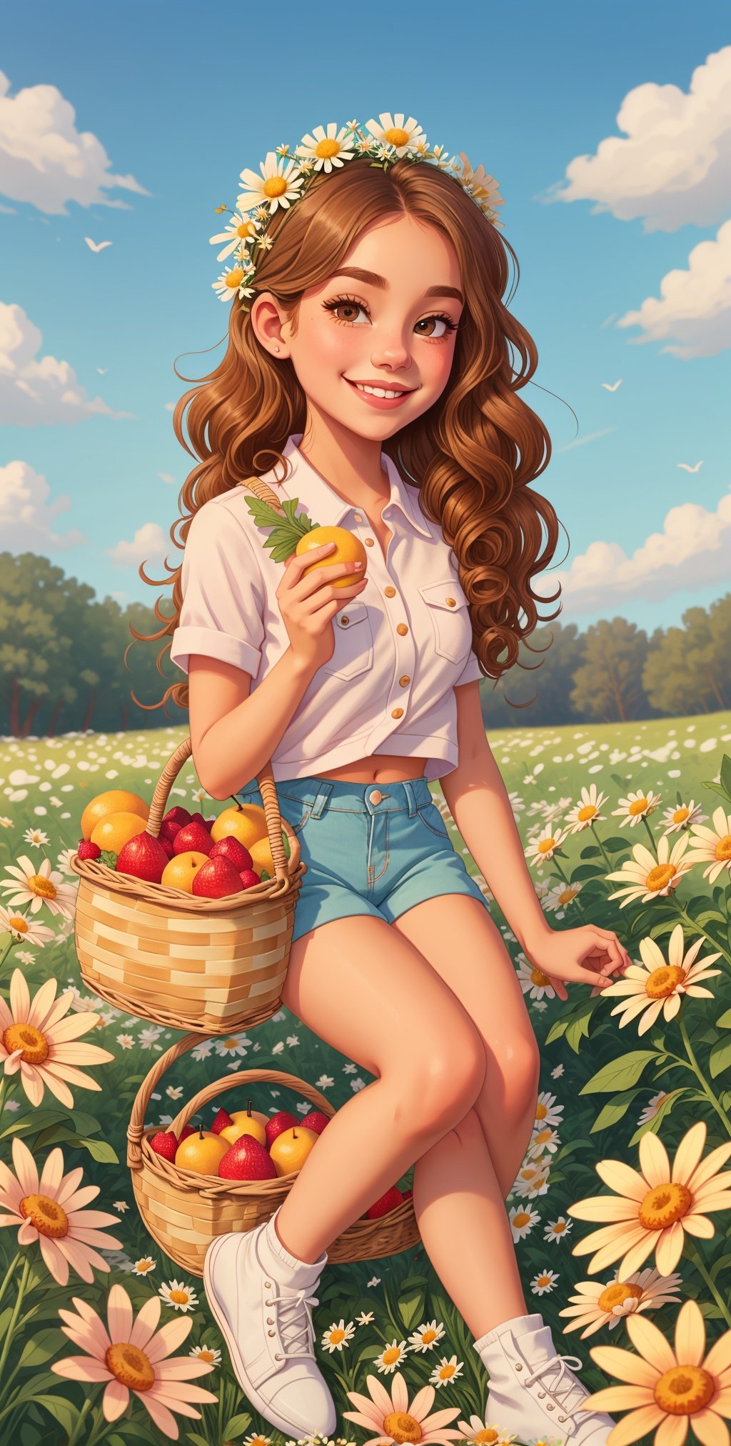 (girl:1.2),solo, (ginger curly long hair:1.1), brown eyes, wreath of daisies on her head, sitting in a field of daisies, smile, (fruit basket:1.1), blue shorts, red shirt