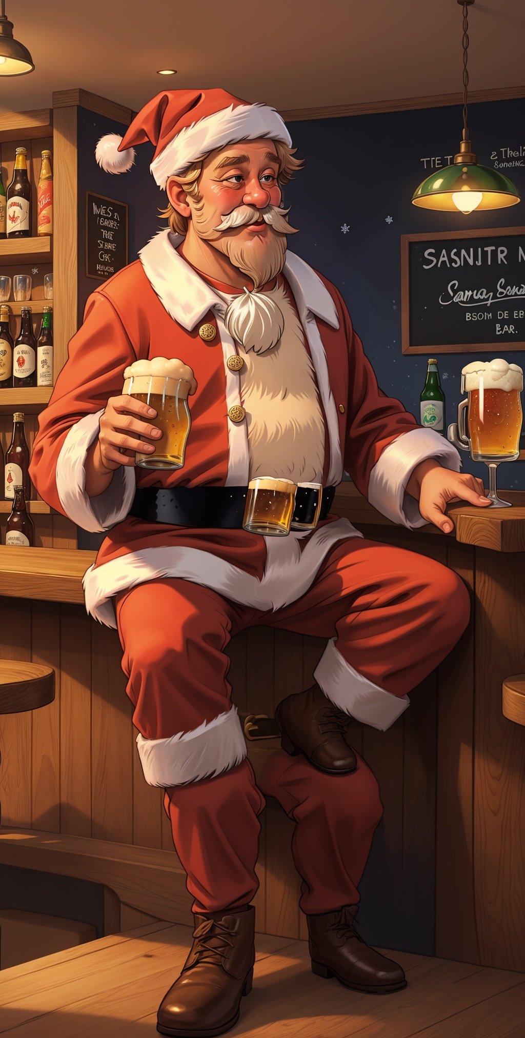 masterpiece, best quality, Santa Claus sits in a beer bar
