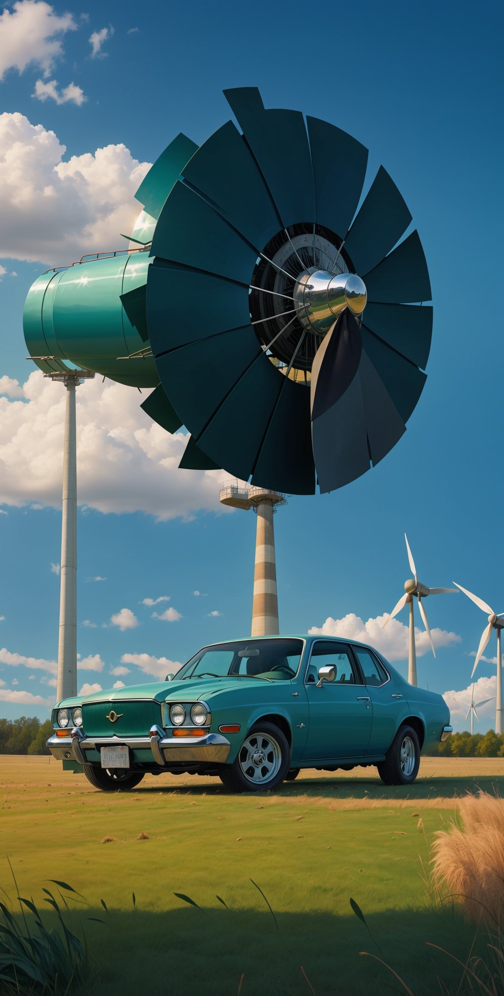 (dynamic pose:1.2),(dynamic camera),masterpiece, Dark green grass colored car Oldsmobile on broken wind turbines, tattered blades, silent energy, remnants of sustainability high speed