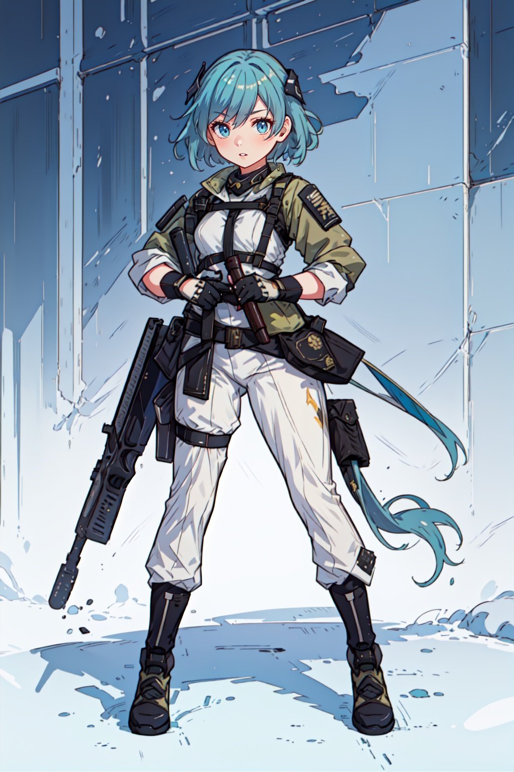 (full body shot),1girl,in a cold snowstorm,slender body,soldier girl,wearing military fatigues, plate carrier rig,combat gloves,(magazin pouches),(kneepads),highly-detailed,perfect face,blue eyes,lips,wide hips,small waist,tall,make up,tacticool,((aiming, holding a riffle, ready for shooting)),(1gun riffle)+++,correctly handled and aimed,