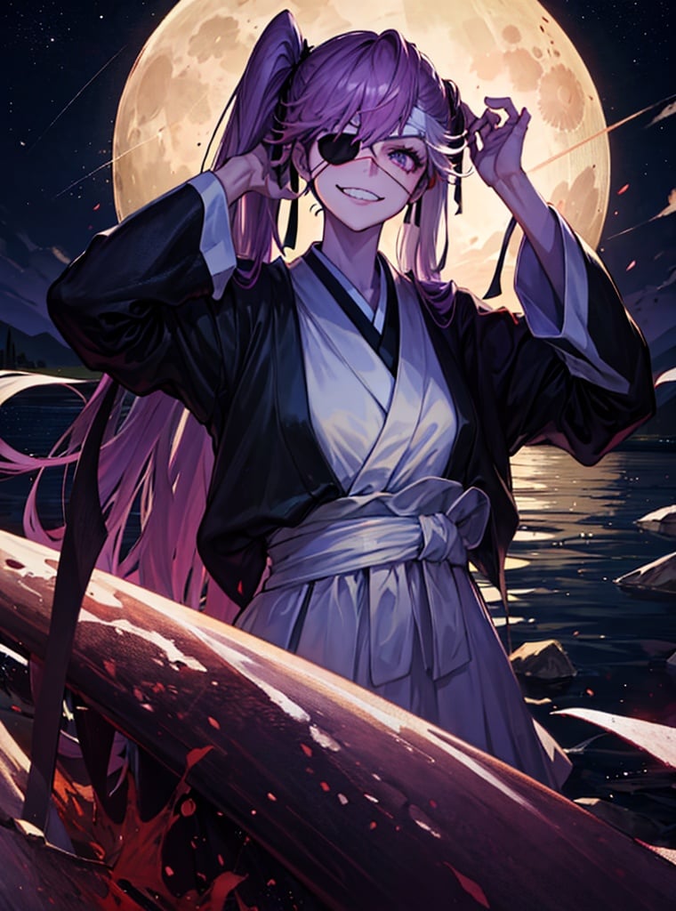 highest quality, high resolution, highres)), solo, full-leghth photo, (best quality), (ultra-detailed), (best illustration), (best shadow), masterpiece, high res, (solo, 1girl),  outdoor, random sexual pose,  
eyepatch,  long hair, Saito Furofushi, open kimono, looking at viewer, bangs, bloody lake, moon, night, 
ribbon, hair between eyes, twintails, purple eyes, hair ribbon, purple hair, black ribbon, middle breasts, mad smile
