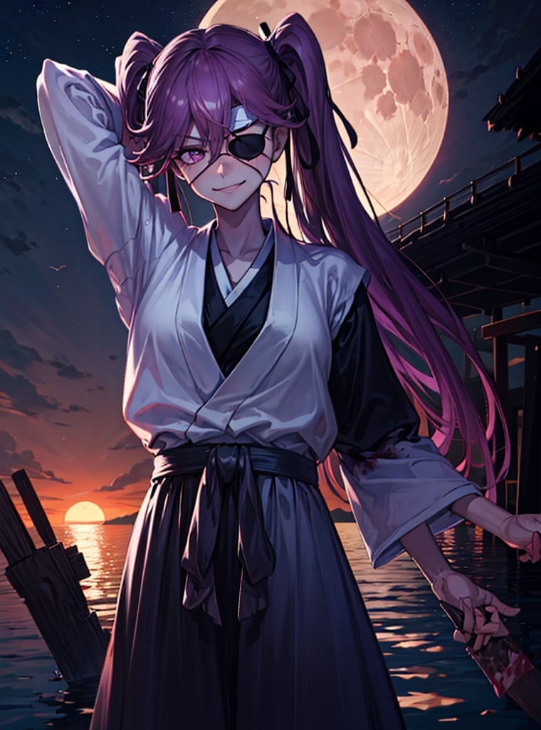 highest quality, high resolution, highres)), solo, full-leghth photo, (best quality), (ultra-detailed), (best illustration), (best shadow), masterpiece, high res, (solo, 1girl),  outdoor, random sexual pose,  , 2 hands, normal hands, 
eyepatch,  long hair, Saito Furofushi, japanese clothes, looking at viewer, bangs, bloody lake, moon, night, 
ribbon, hair between eyes, twintails, purple eyes, hair ribbon, purple hair, black ribbon, arms behind head, middle breasts, mad smile
