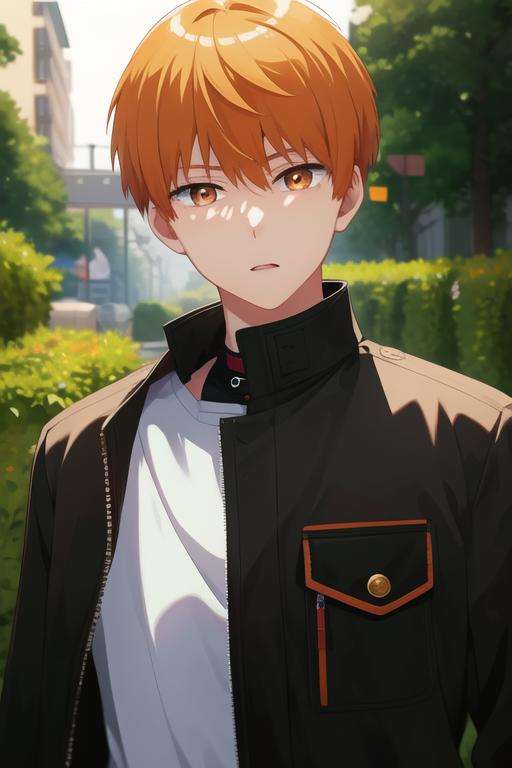 masterpiece, best quality, illustration, 1boy, solo, male focus, looking at viewer, upper body, depth of field, <lora:tsukasa_kazuki:0.74>, tsukasa_kazuki, orange hair, orange eyes, gakuran,