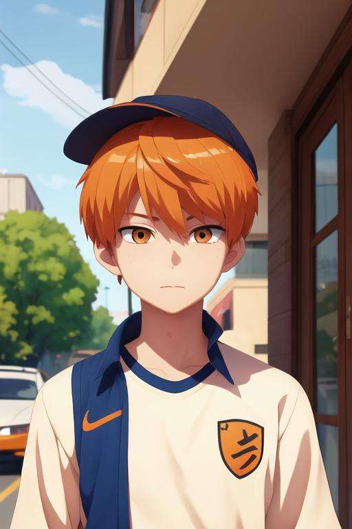 masterpiece, best quality, , 1boy, solo, male focus, looking at viewer, upper body, , <lora:tsukasa_kazuki:0.72>, tsukasa_kazuki, orange hair, orange eyes, track suit, hat