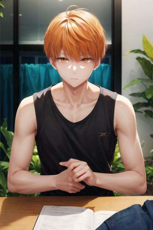 masterpiece, best quality, , 1boy, solo, male focus, looking at viewer, , , <lora:tsukasa_kazuki:0.72>, tsukasa_kazuki, orange hair, orange eyes, tank top,