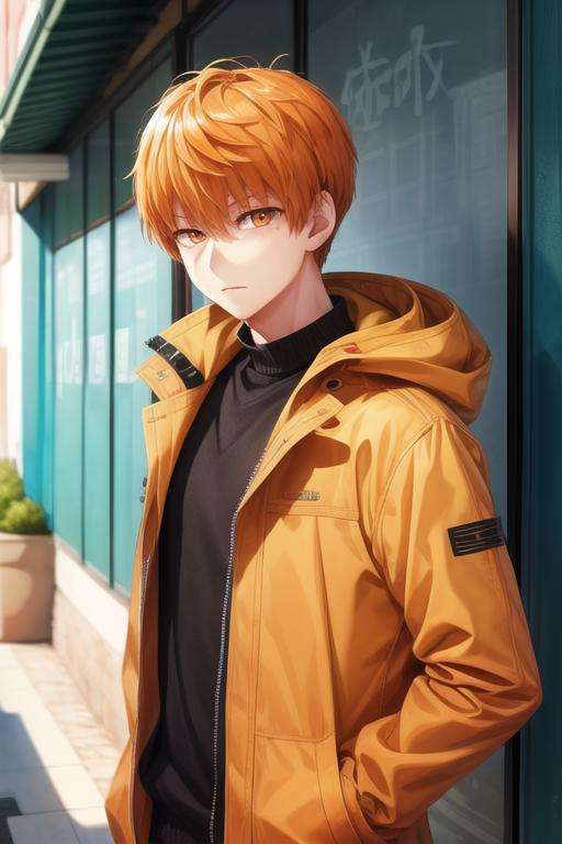 masterpiece, best quality, illustration, 1boy, solo, male focus, looking at viewer, , , <lora:tsukasa_kazuki:0.70>, tsukasa_kazuki, orange hair, orange eyes, coat,