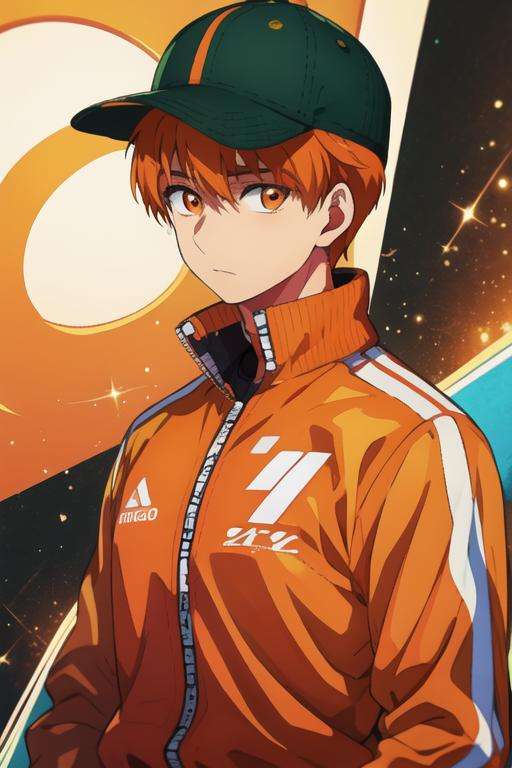 masterpiece, best quality, , 1boy, solo, male focus, looking at viewer, upper body, , <lora:tsukasa_kazuki:0.70>, tsukasa_kazuki, orange hair, orange eyes, track suit, hat