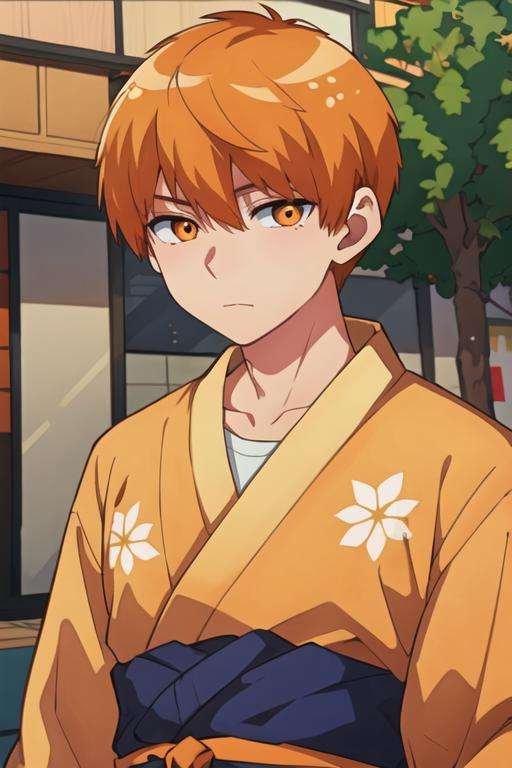 masterpiece, best quality, , 1boy, solo, male focus, looking at viewer, upper body, , <lora:tsukasa_kazuki:0.72>, tsukasa_kazuki, orange hair, orange eyes, yukata,