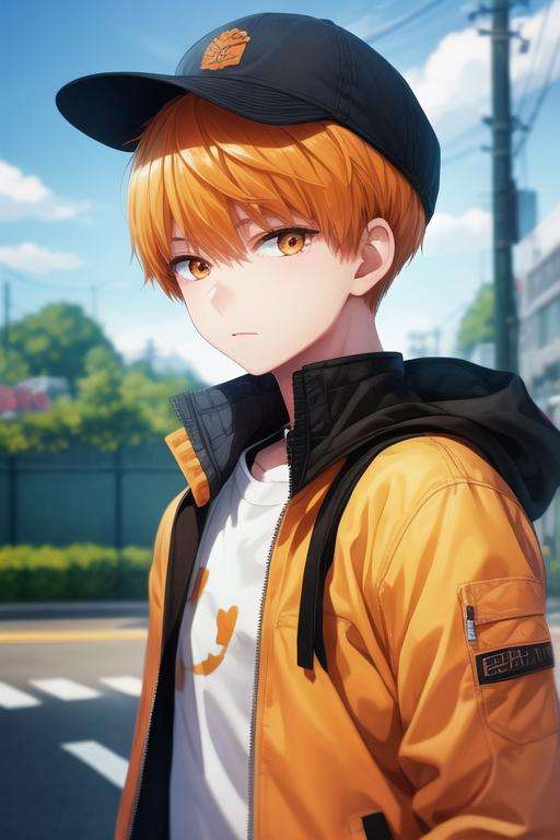 masterpiece, best quality, illustration, 1boy, solo, male focus, looking at viewer, , depth of field, <lora:tsukasa_kazuki:0.72>, tsukasa_kazuki, orange hair, orange eyes, jacket, hat