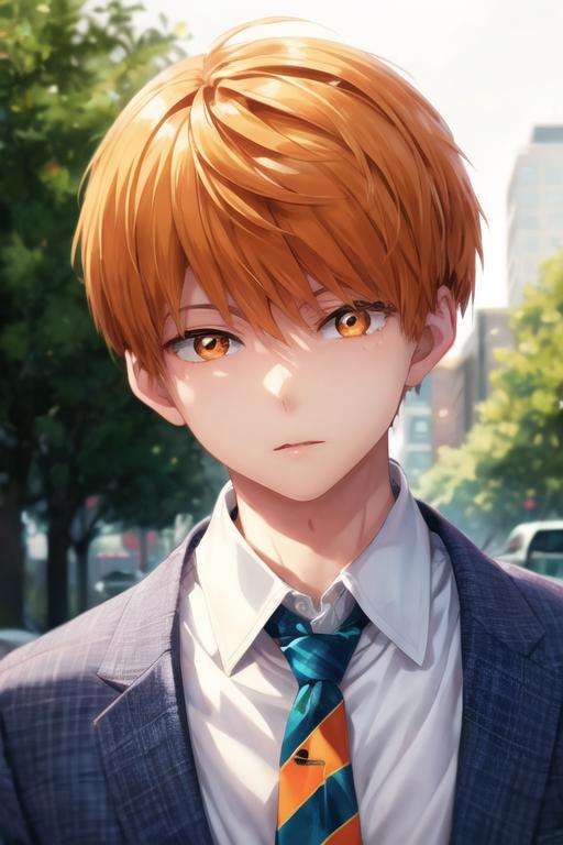 masterpiece, best quality, illustration, 1boy, solo, male focus, looking at viewer, , depth of field, <lora:tsukasa_kazuki:0.74>, tsukasa_kazuki, orange hair, orange eyes, formal, necktie, dress shirt,