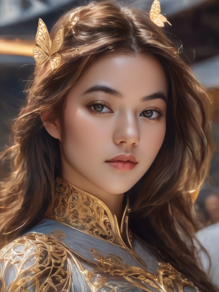 8k portrait of beautiful cyborg with brown hair, intricate, elegant, highly detailed, majestic, digital photography, art by artgerm and ruan jia and greg rutkowski surreal painting gold butterfly filigree, broken glass, (masterpiece, sidelighting, finely detailed beautiful eyes: 1.2), hdr, <lora:v0nzy_SDXL_v1-000003:1>