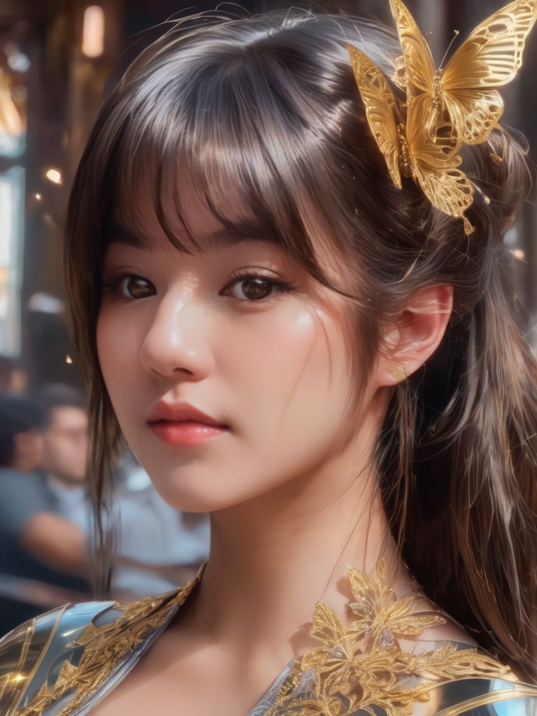 8k portrait of beautiful cyborg with brown hair, intricate, elegant, highly detailed, majestic, digital photography, art by artgerm and ruan jia and greg rutkowski surreal painting gold butterfly filigree, broken glass, (masterpiece, sidelighting, finely detailed beautiful eyes: 1.2), hdr,<lora:v0nzy_SDXL_v1-000008:1>