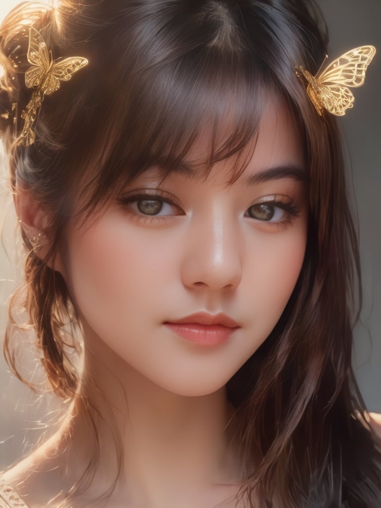 8k portrait of beautiful cyborg with brown hair, intricate, elegant, highly detailed, majestic, digital photography, art by artgerm and ruan jia and greg rutkowski surreal painting gold butterfly filigree, broken glass, (masterpiece, sidelighting, finely detailed beautiful eyes: 1.2), hdr, <lora:v0nzy_SDXL_v1-000008:1>