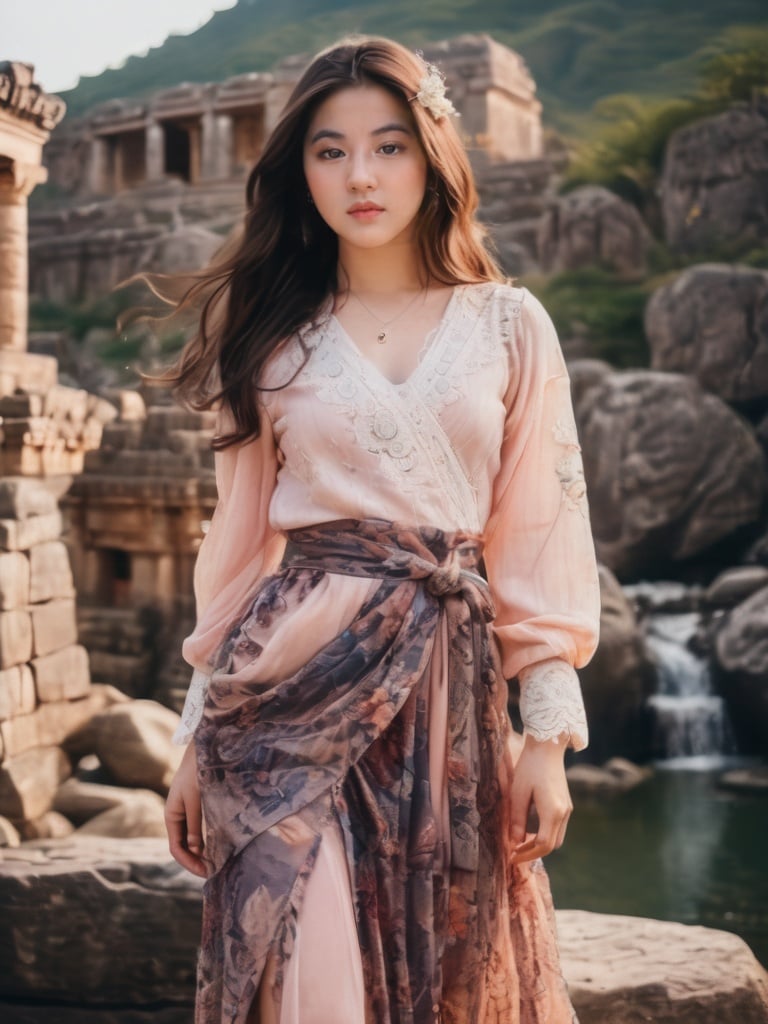 centered view of curvy hips long wavy brown hair toned body beautiful face seductive eyes blush beautiful lips 29 years old female wearing ancient lace suit and belt and long wide skirt. action pose. deep colors. ancient temple, rocks, scenery. fujifilm XT3.,FilmGirl, <lora:v0nzy_SDXL_v1-000008:1>