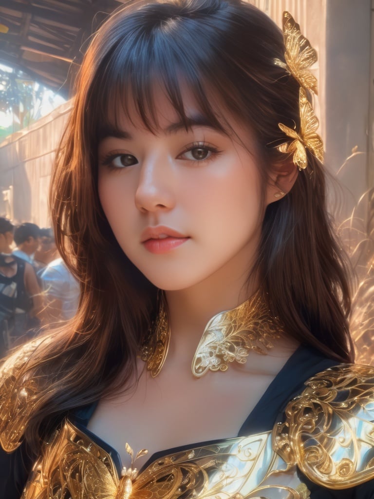 8k portrait of beautiful cyborg with brown hair, intricate, elegant, highly detailed, majestic, digital photography, art by artgerm and ruan jia and greg rutkowski surreal painting gold butterfly filigree, broken glass, (masterpiece, sidelighting, finely detailed beautiful eyes: 1.2), hdr, <lora:v0nzy_SDXL_v1-000009:1>